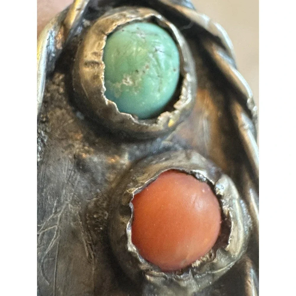 Navajo Sterling Silver Turquoise Coral Ring Early Handmade Size 3.25 Tested